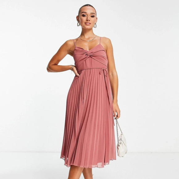 NWT ASOS DESIGN twist front pleated cami midi dress with belt in rose pink SZ 4 - Picture 1 of 12